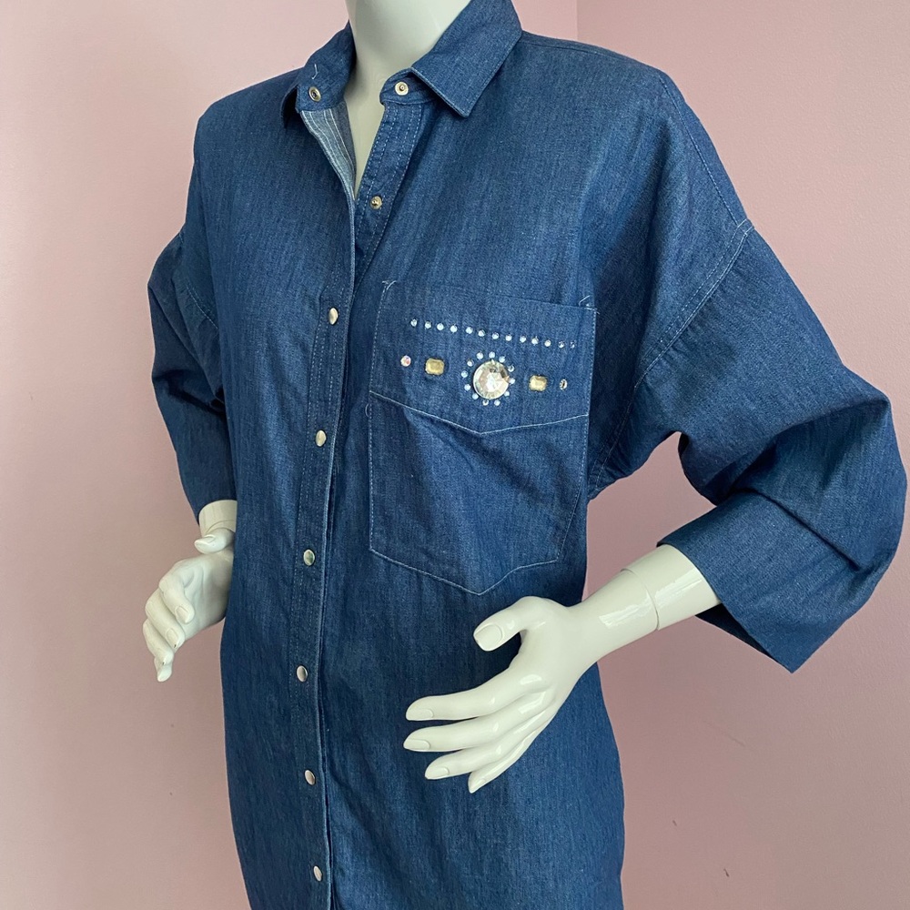 Oscar De La Renta Denim Dress Duster Embellished Sequin Shoulder Pads for Swirl